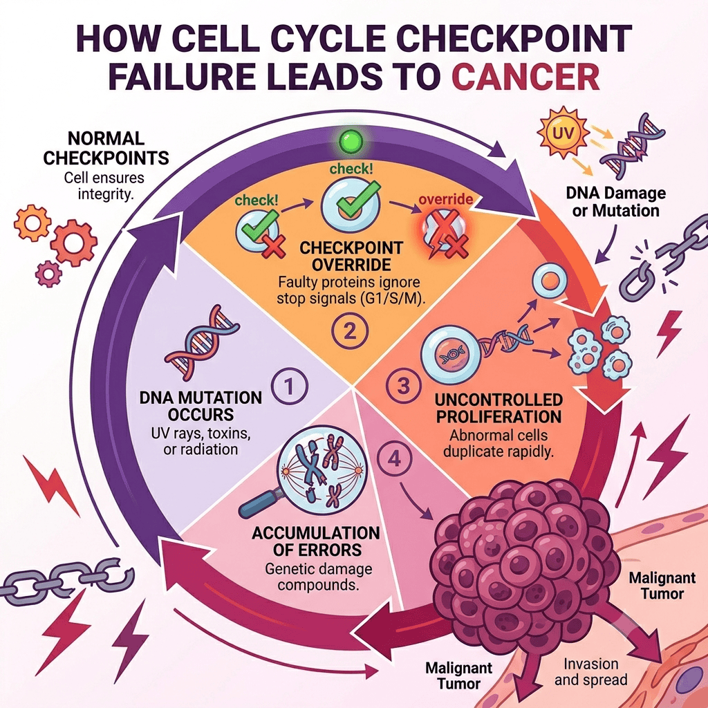 Cell cycle checkpoint failure leading to cancer development and tumor spread.
