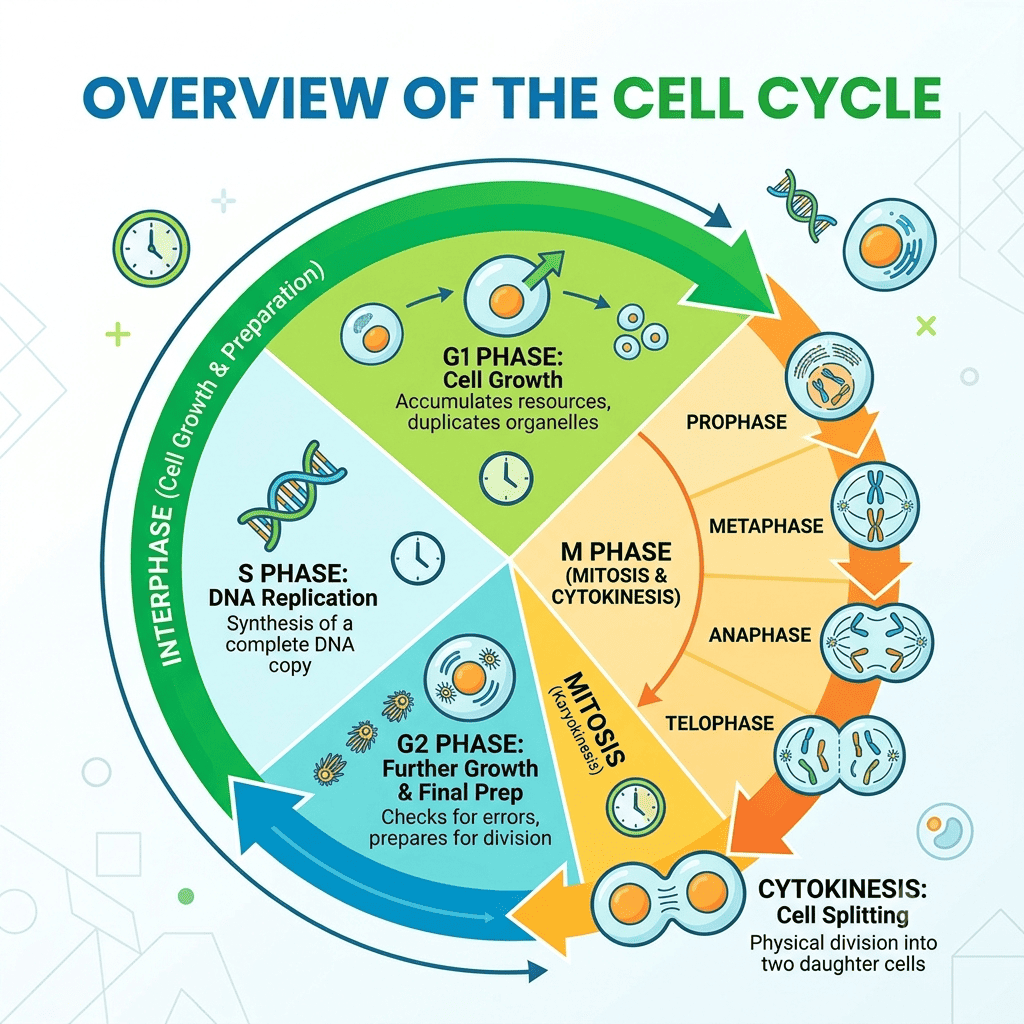 Illustration of the cell cycle stages including G1, S, G2, mitosis, and cytokinesis.