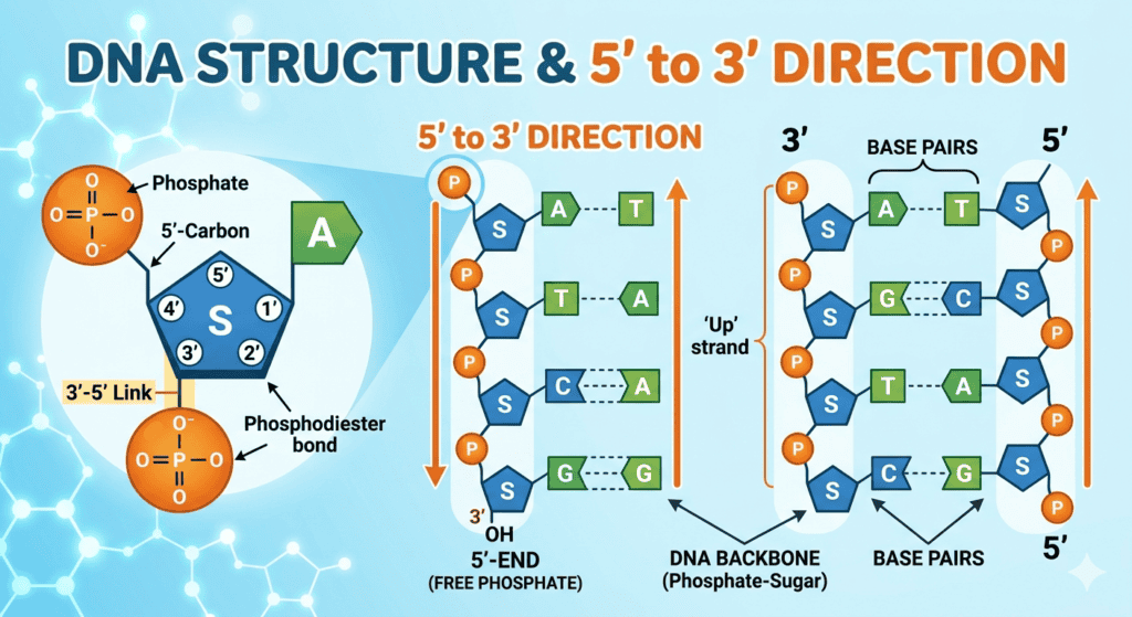 High-resolution illustration of DNA double helix showing backbone, base pairs, and directional strand